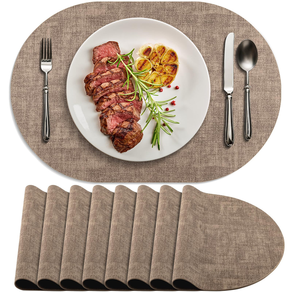 Faux Leather Oval Placemats Set of 4, Beige