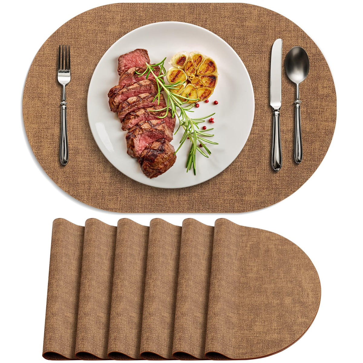 Faux Leather Oval Placemats Set of 4, Beige