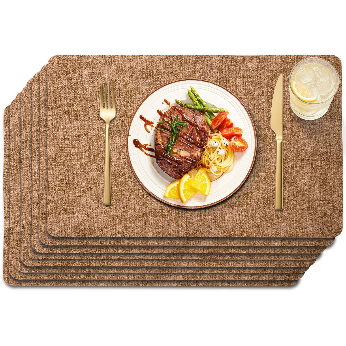 Maxpearl Faux Leather Placemats Set of 6, Easy to Clean, Brown