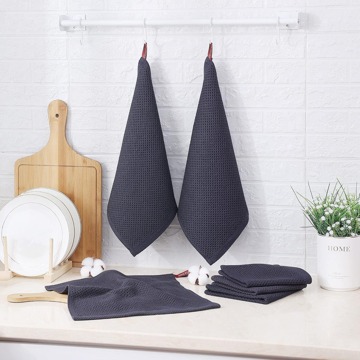 Kitinjoy 100% Cotton Waffle 6-Pack Kitchen Towels, 12" x 12", Dark Grey