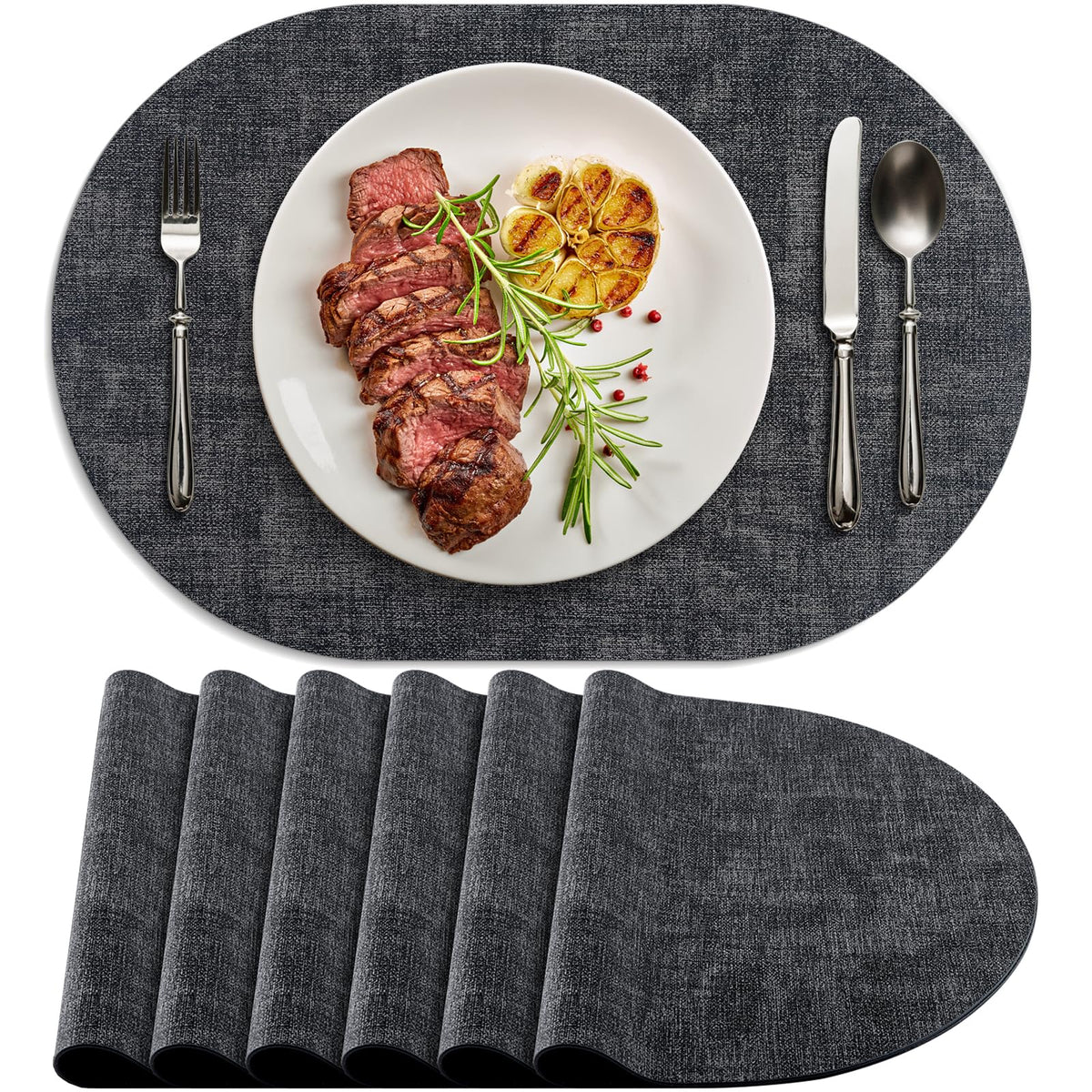 Faux Leather Oval Placemats Set of 6, Beige
