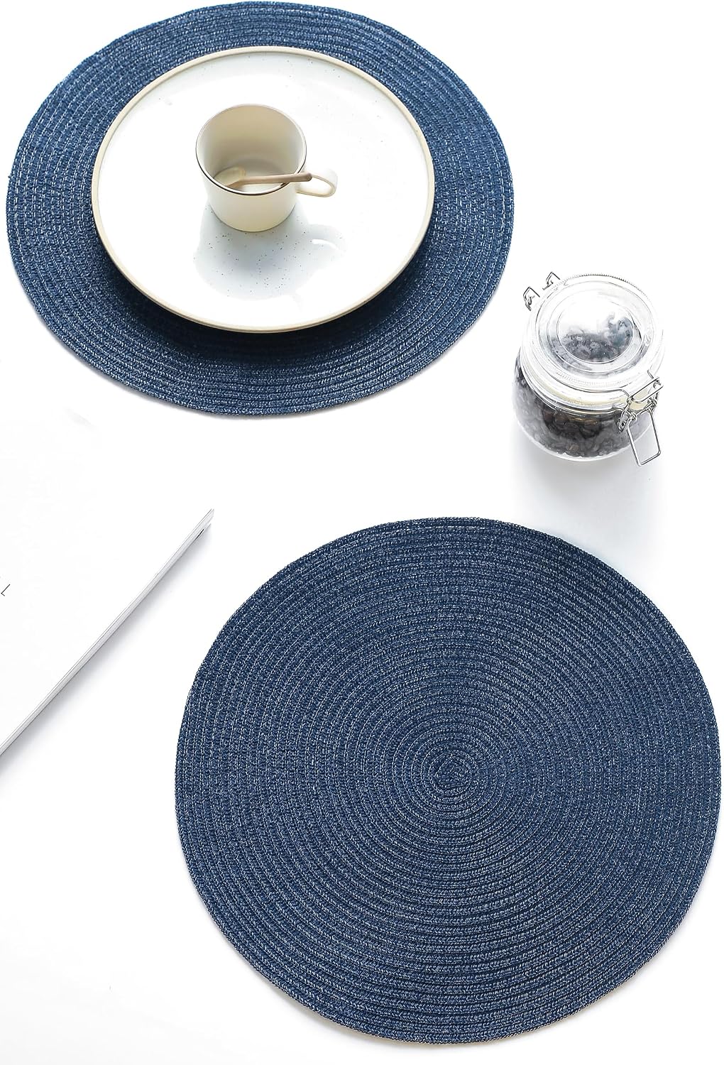 Floroom 15 Inch Round Braided Placemats Set of 4, Washable Heat Resistant Cotton Polyester Circle Place Mats for Kitchen Dining Table - Navy Blue