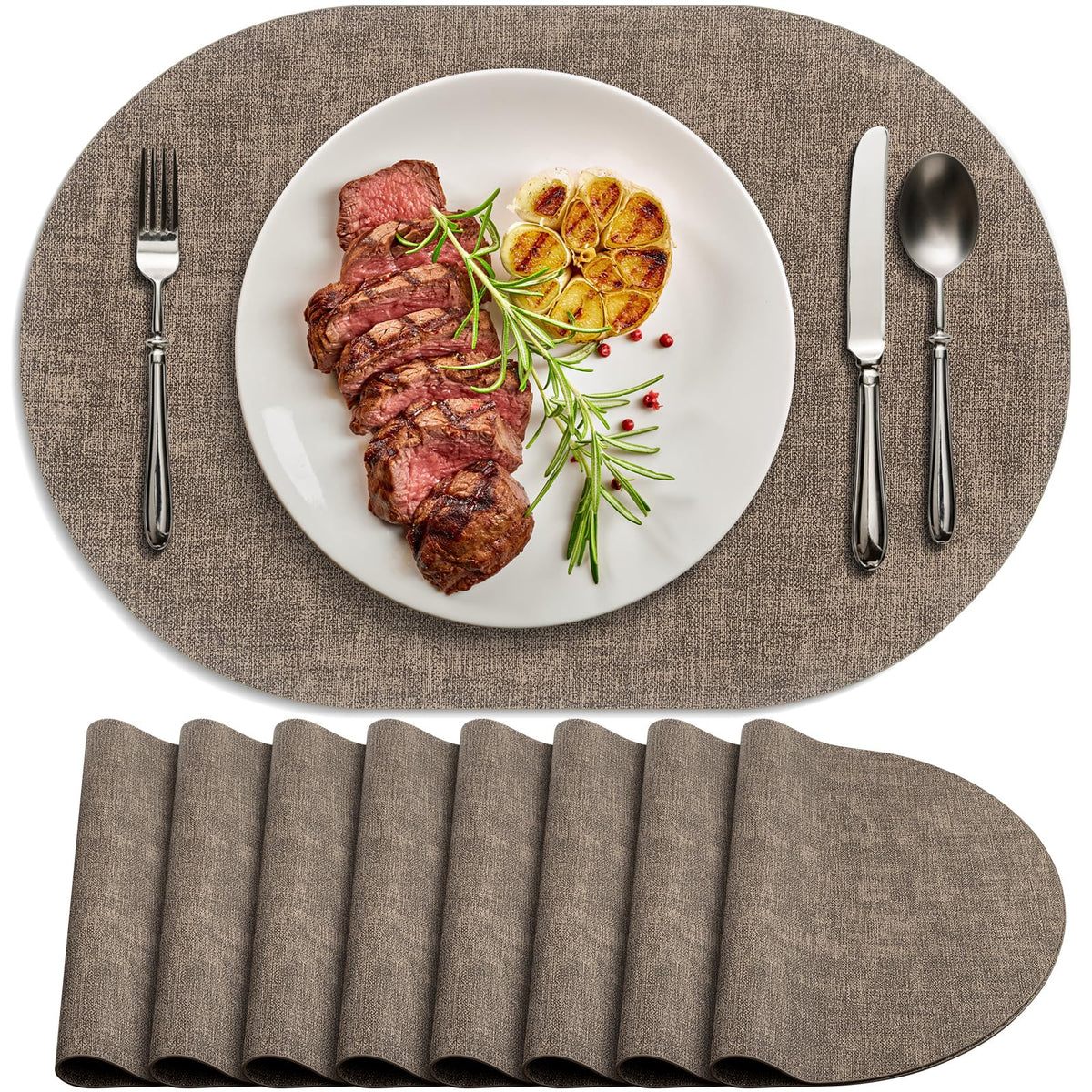 Faux Leather Oval Placemats Set of 4, Beige