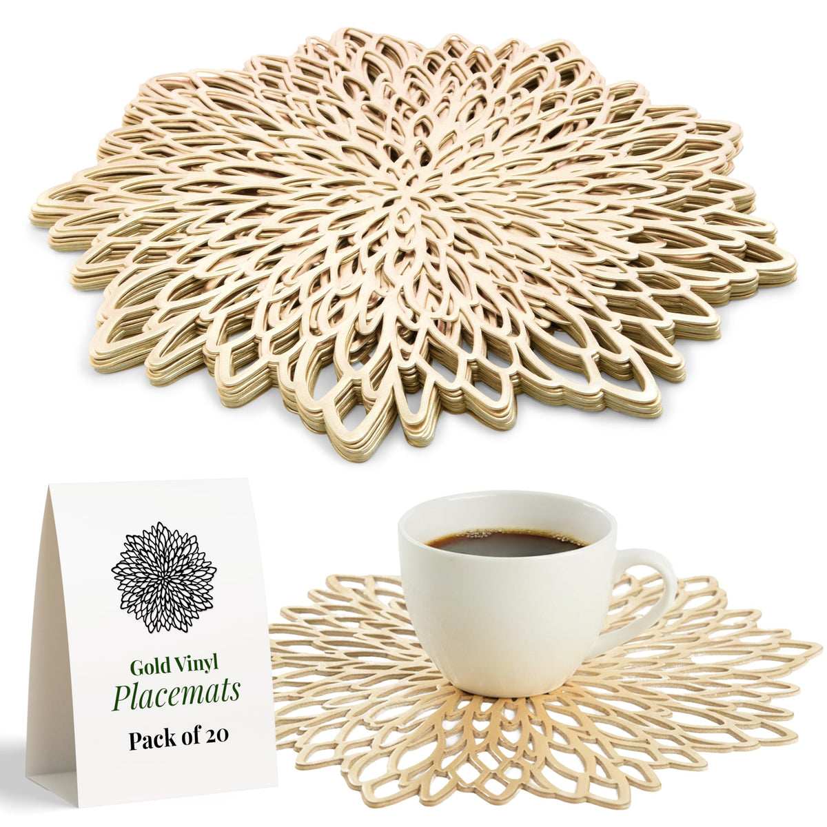 Juvale 10 Pack Gold Vinyl Placemats - 14.4" x 14.4" Round Table Mats and Plate Chargers with Leaf Design for Elegant Table Decor and Protection - Stylish Charger Plates for Events and Wedding Parties
