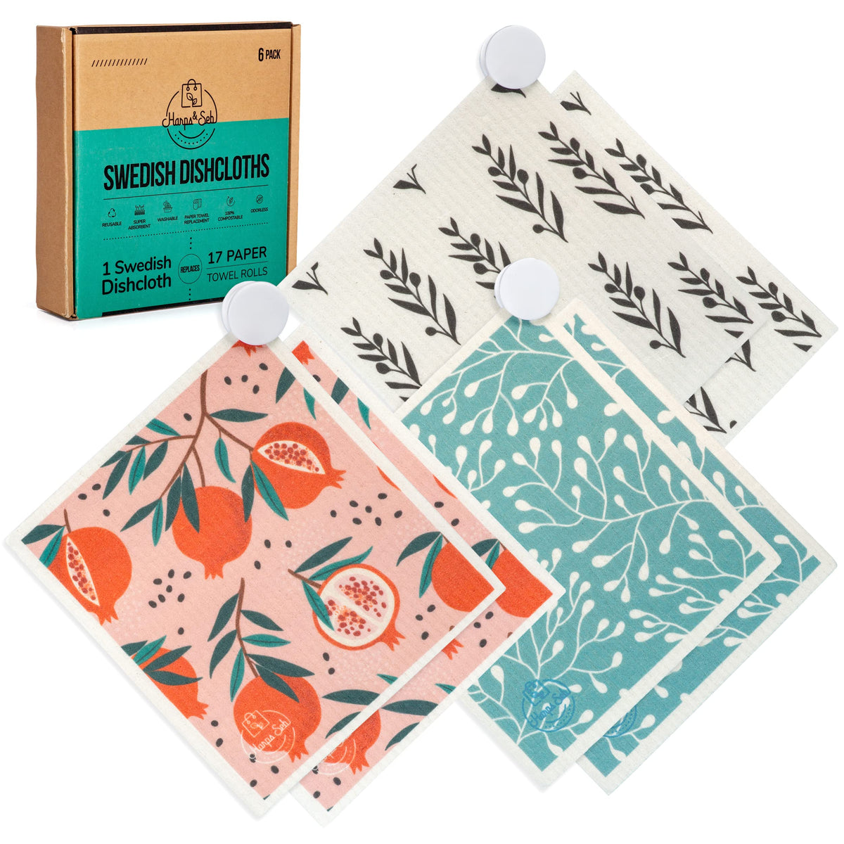 Harps&Seb Swedish Dishcloths for Kitchen Dish Towels - 5 Pack, Non-Scratch Reusable Paper Towels, Super Absorbent Washable Swedish Dish Cloths, No Odor, Biodegradable, Fruit Design