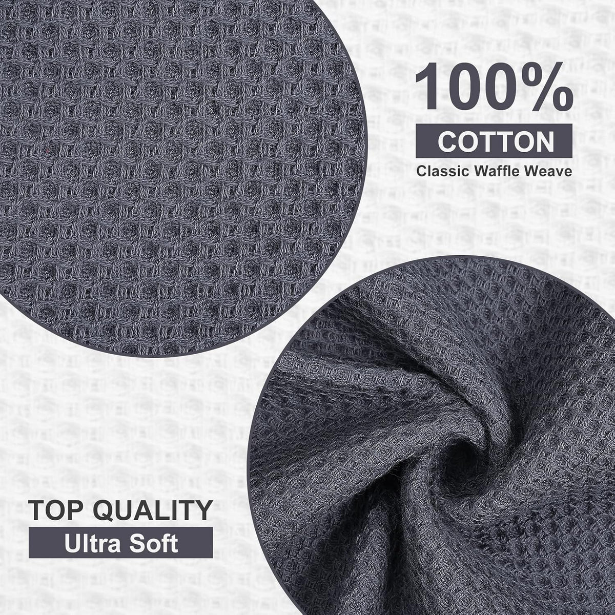 Kitinjoy 100% Cotton Waffle 6-Pack Kitchen Towels, 12" x 12", Dark Grey