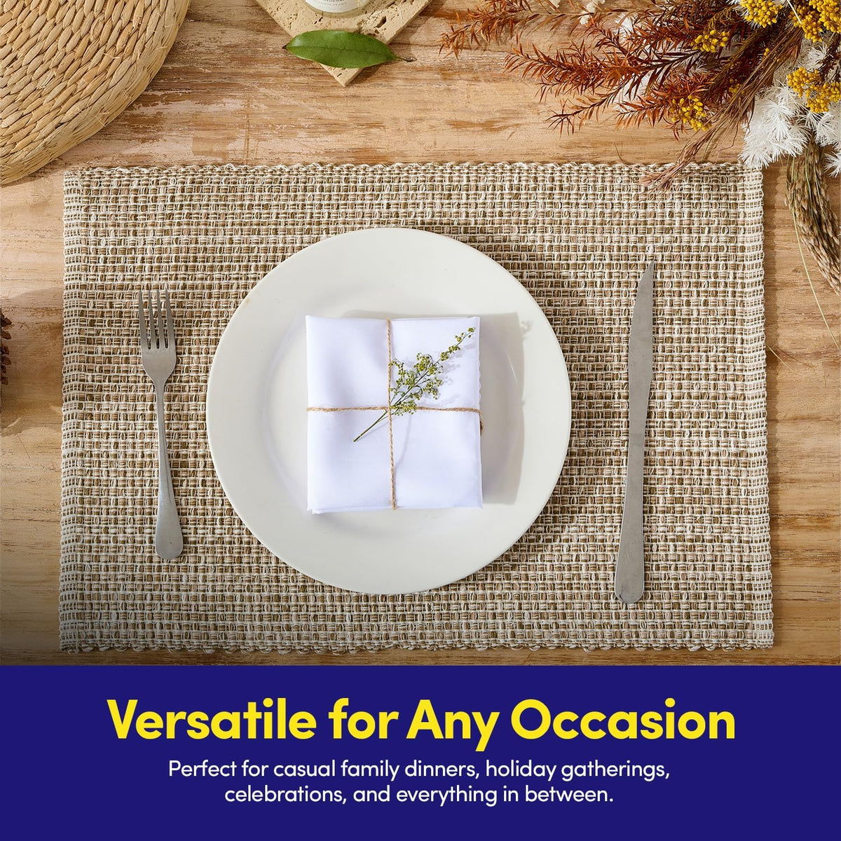 Sweet Home Collection 100% Cotton Placemats for Dining Room Rectangle Two Tone Woven Fabric 13" x 19" Soft Durable Table Mat Set, Set of 6, Eggshell