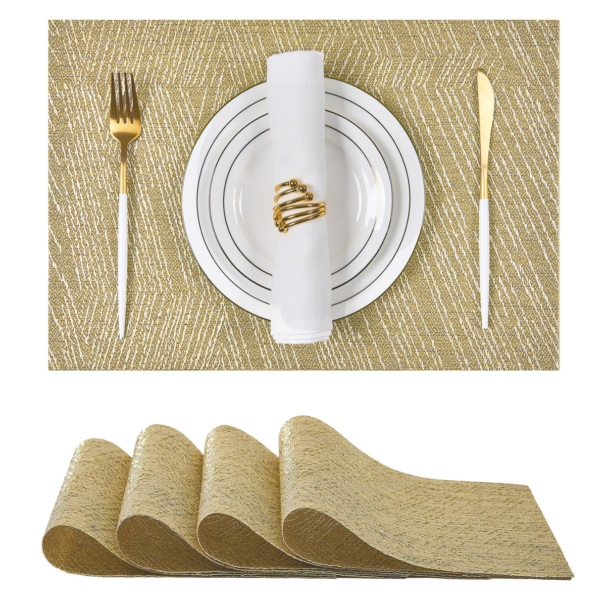 Beige Placemats Set of 4 - Heat-Resistant, Non-Slip Table Mats, Washable Woven Vinyl for Indoor & Outdoor Dining