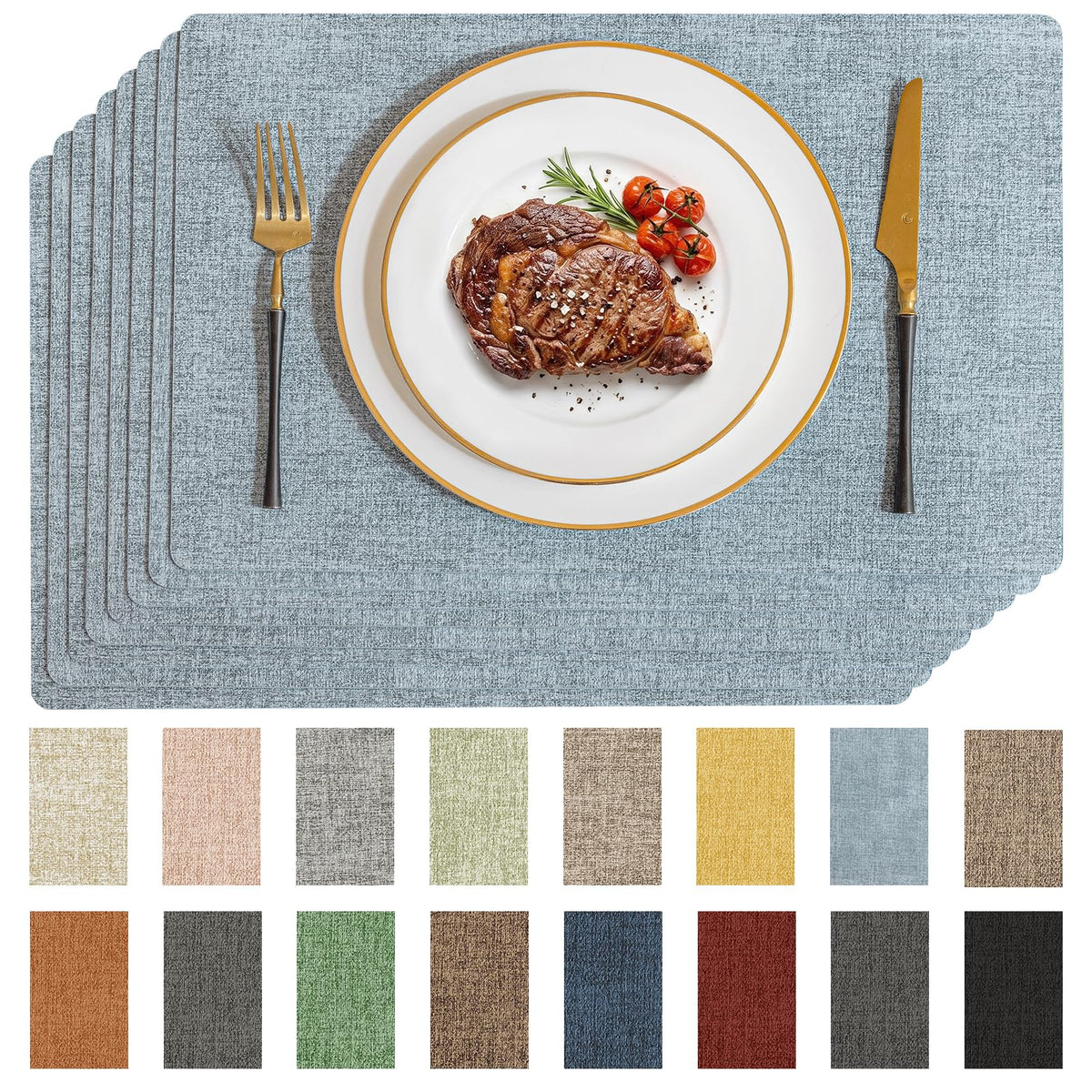 Romanstile Faux Leather Vinyl Placemats Set of 6, Light Grey