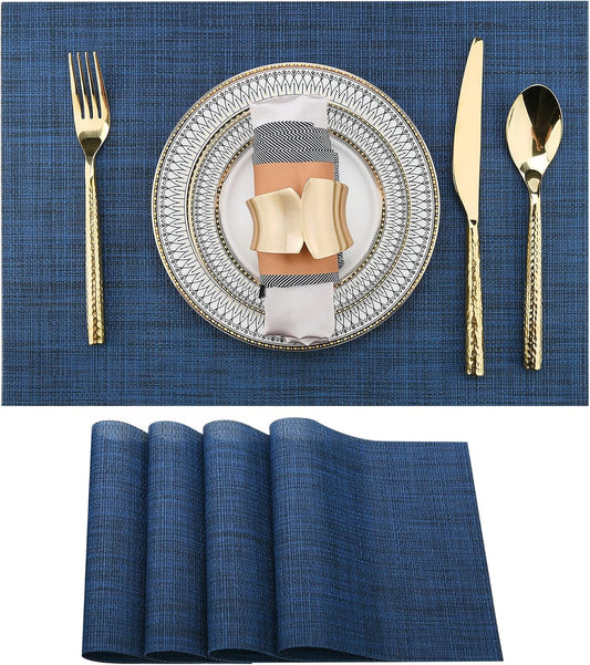 SLKQG Navy Blue Placemats Set of 4 - Easy Clean Washable Vinyl Placemats - Wipeable Heat Resistant Table Mats for Dining Table - 17x12 Inch (Navy Blue, 4)