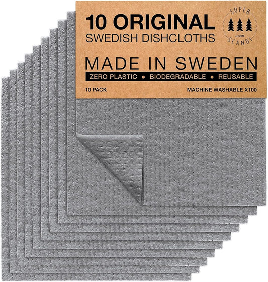 SUPERSCANDI 10 Pack Swedish Dishcloths for Kitchen - 100% Biodegradable & Compostable Reusable Paper Towels Washable, Food-Safe & Without Plastic - Dish Rags Suitable for Any Surface, Grey