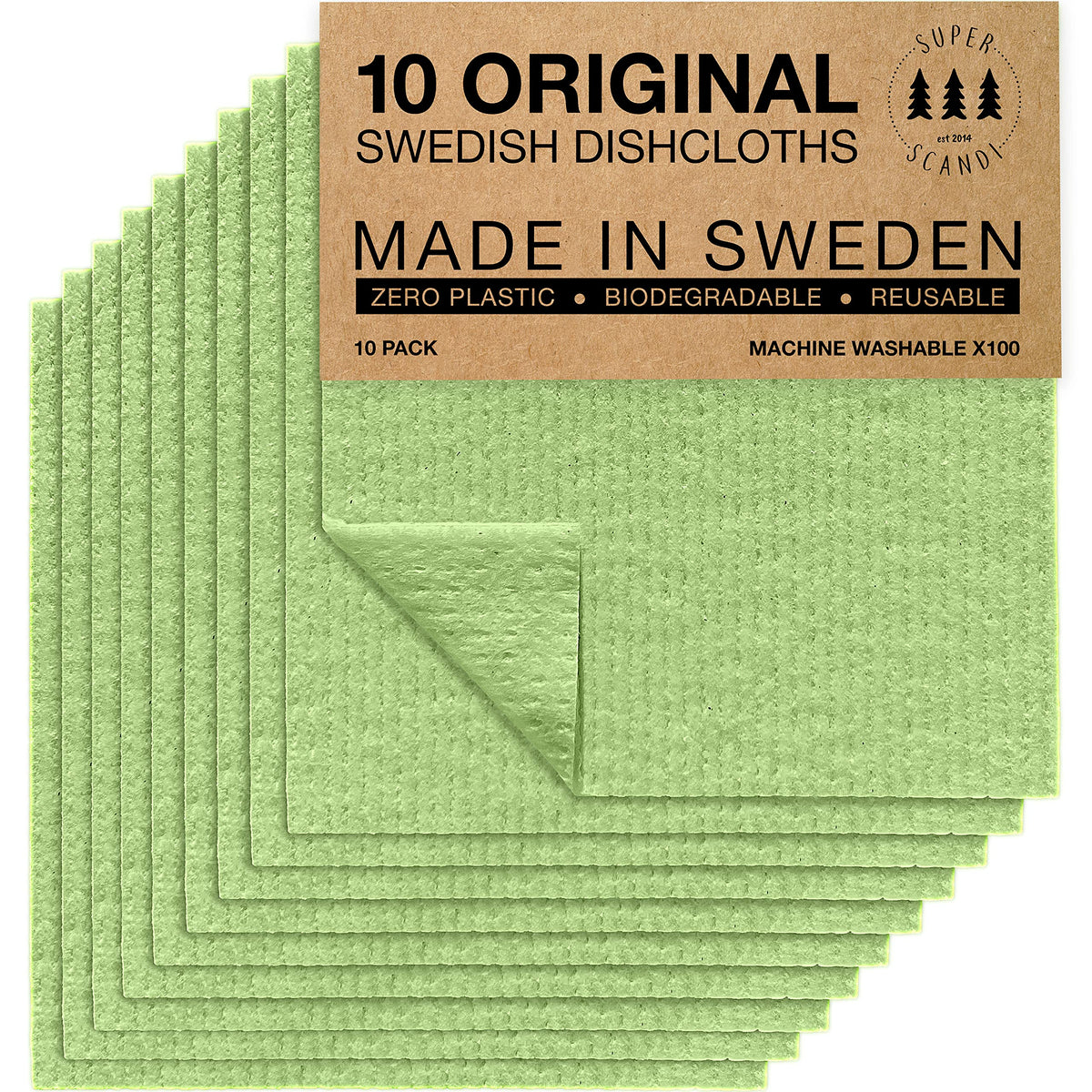 SUPERSCANDI 10 Pack Swedish Dishcloths for Kitchen - 100% Biodegradable & Compostable Reusable Paper Towels Washable, Food-Safe & Without Plastic - Dish Rags Suitable for Any Surface, Grey